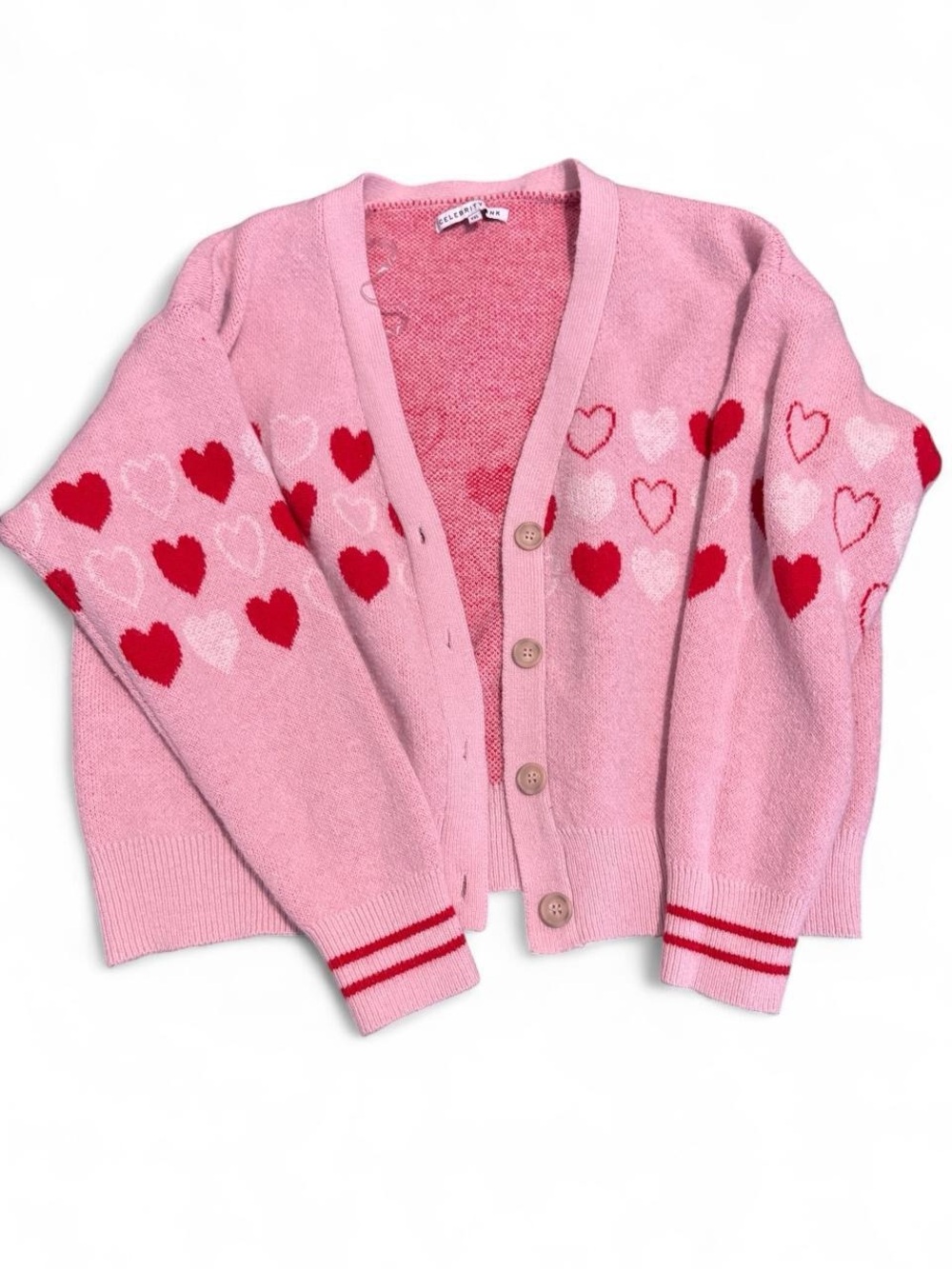 Celebrity Pink Pink Cardigan with Red & Light Pink Heart Pattern